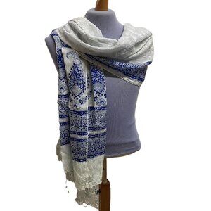 Blue Paisley Silk Shawl Scarf Wrap with Fringe Ends 35x88"